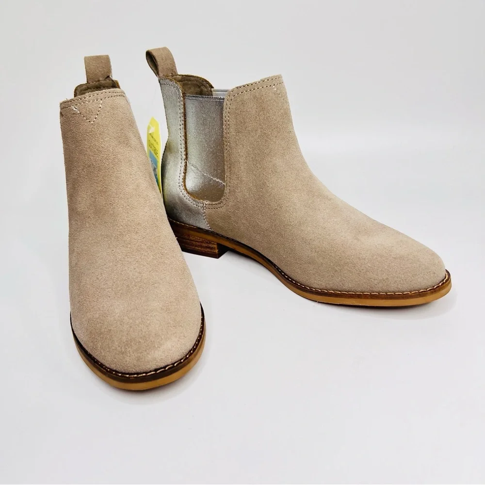 Toms Ella Desert Taupe Suede Silver Metallic Distressed Leather Ankle Bo…
